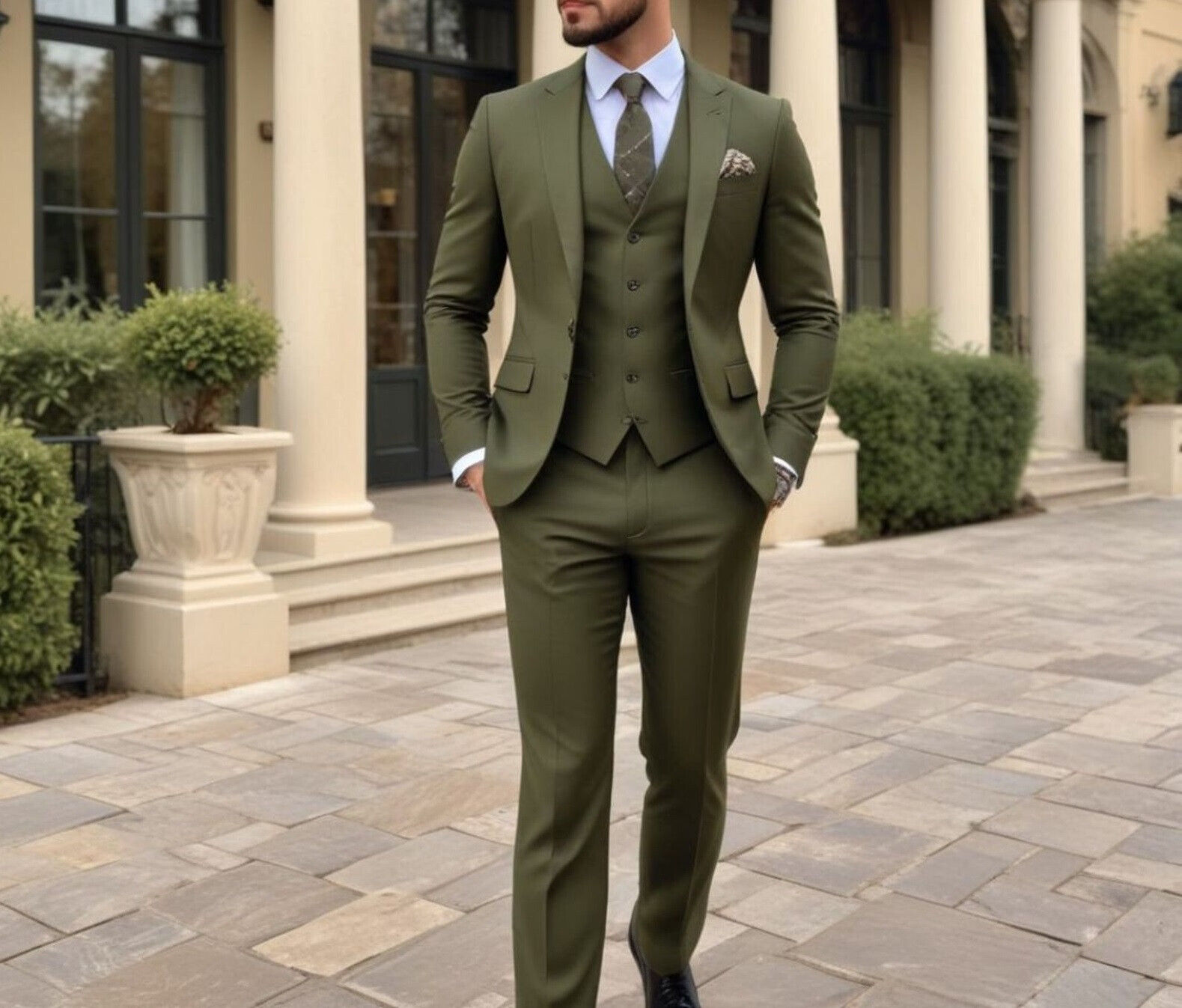 Men Formal Wear Wedding - Men Olive Green 3 Piece Suit