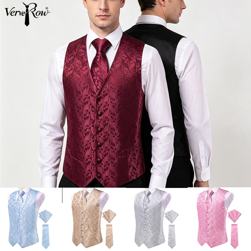 Men'S Formal Wear Ties - VerveRow Men Burgundy Floral Jacquard Suit