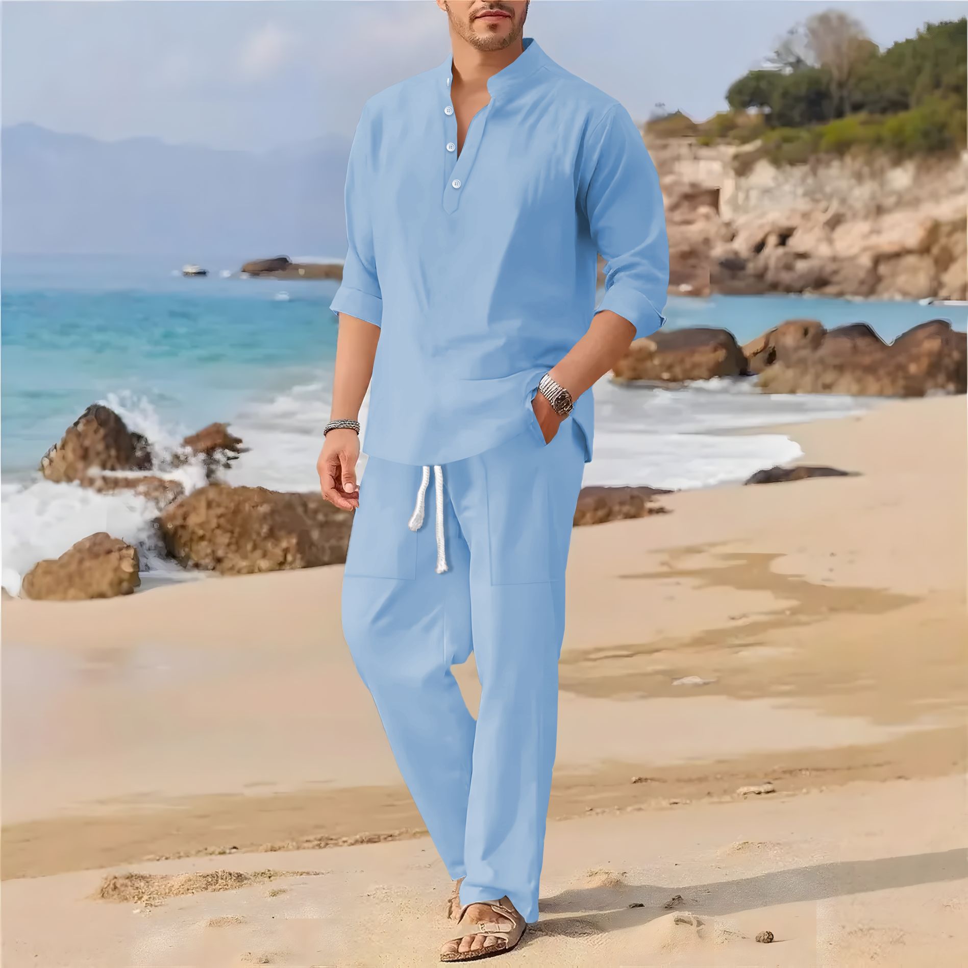 Men'S Formal Beach Wear - Men's retro cotton and linen stand-up