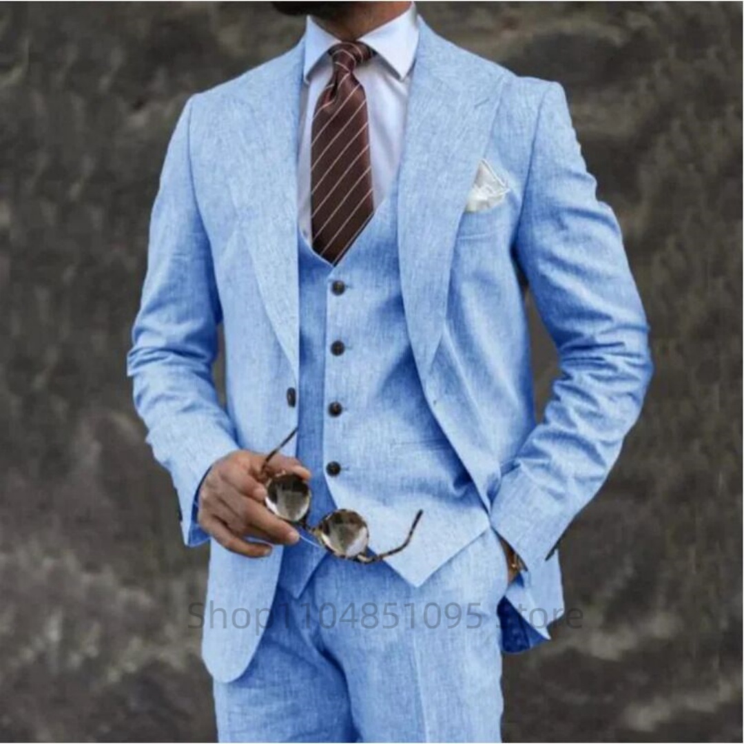 Men'S Formal Beach Wear - High Quality 3 Pieces Beige/Blue Linen