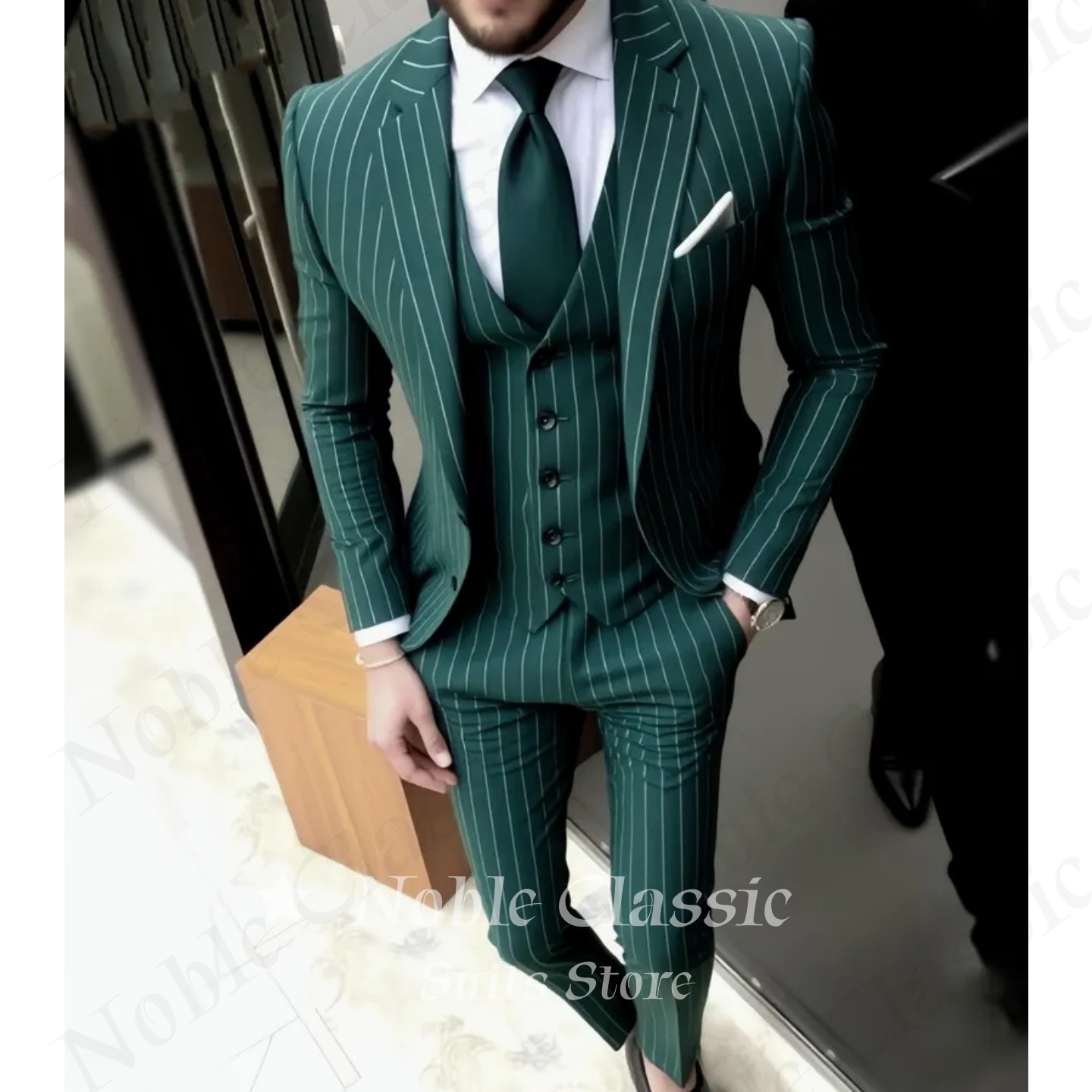 Mens Suit Green Striped Slim F - Men Formal Wear Wedding Guest review and price