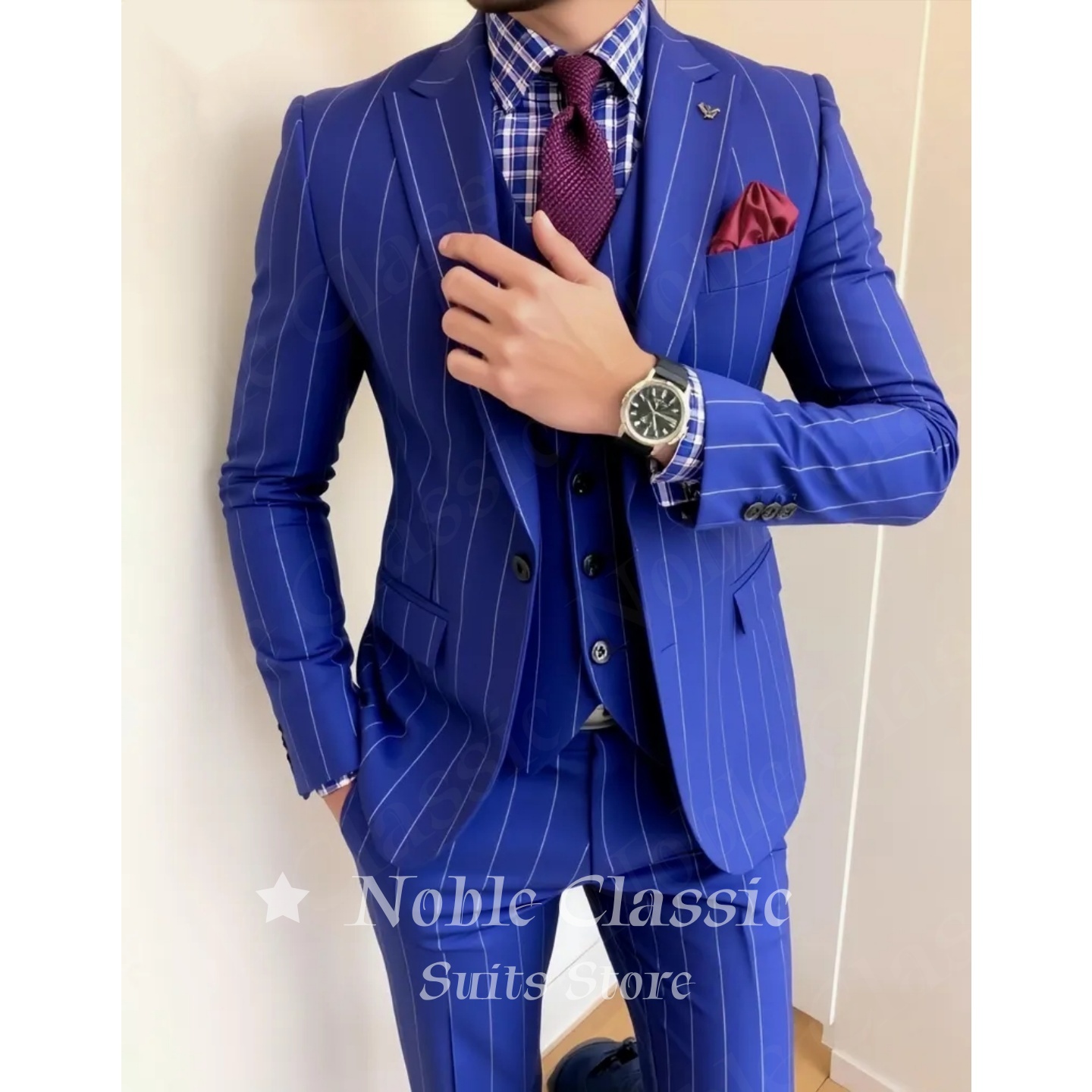 Men Blue Pinstripe 3 Piece Sui - Men Formal Wear Wedding Guest review and price
